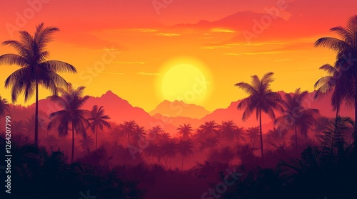 Tropical Dusk Pixel Art Landscape Peaceful Serenity Evening Scene Warm Hues in Forest with Palm Trees and Mountain Silhouette