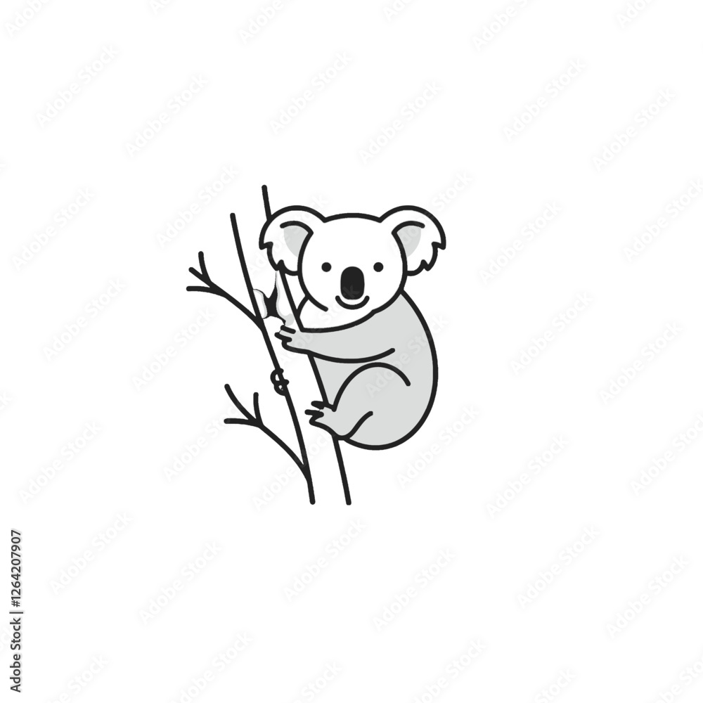 Cute Koala Illustration on Tree Branch in Minimalist Black and White Style Cute Koala Illustration on Tree Branch in Minimalist Black and White Style