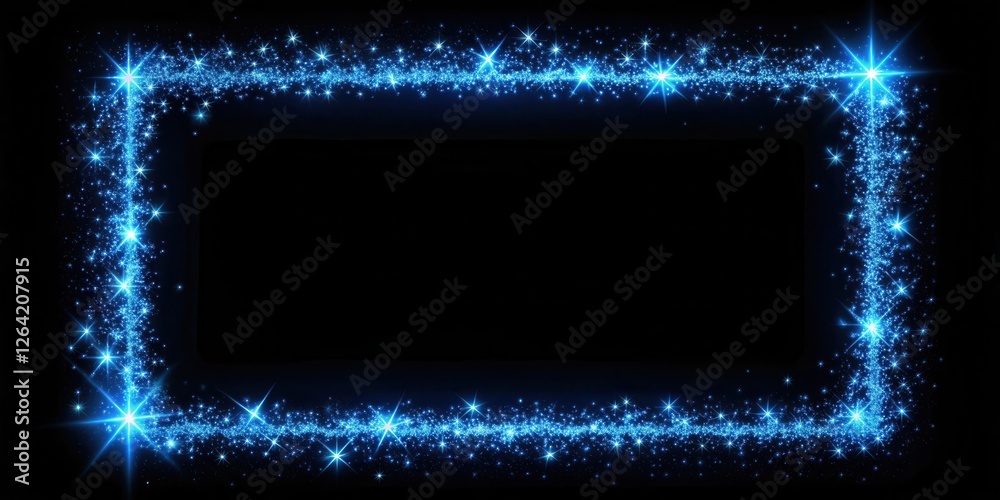 Obraz premium A blue square frame with sparkles and stars on a black background, creating a celestial effect , wonder, space
