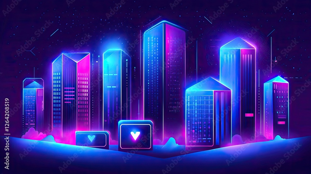 Fototapeta premium Futuristic city skyline at night with neon lights illuminating buildings and a starry sky