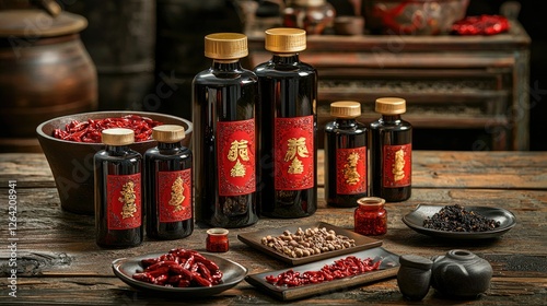 A set of traditional Chinese herbal medicine and tonics in jars and bottles. Copy space.