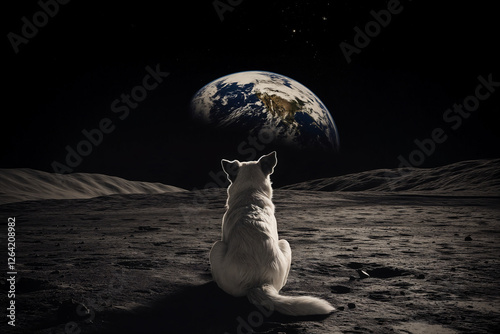 Image of a dog in space, from the back, sitting on the surface of the moon, looking at the Earth in the distance. 