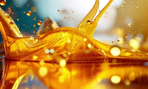 Golden Juice Splash on Reflective Surface, Bokeh Background