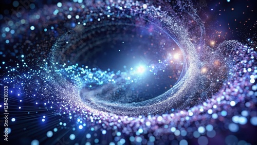 Vortex of swirling silver particles suspended in a mesh of dark blues and purples, glowing