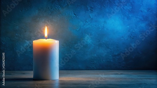 Soft glow of candle light illuminates a large pillar candle in a rich blue hue against a dark background, creating an ambiance of calmness and serenity , background, ambiance