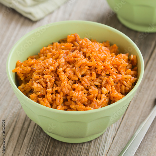 Homemade Mexican red rice or Arroz rojo made with onion, garlic and tomato or tomato paste or sauce, a traditional Mexican side dish, served in green bowl (Selective Focus)