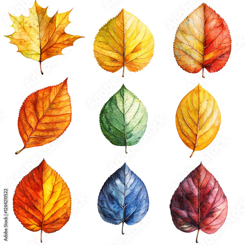 Autumn Leaf Collection in Vibrant Watercolor Style, Isolated on transparent background 