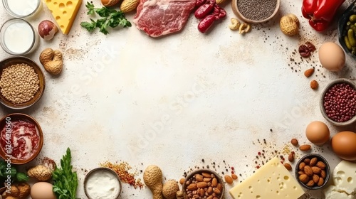 Balanced Diet Ingredients Frame: A vibrant array of healthy and diverse food ingredients forms a circular frame, offering a visually appealing representation of a balanced diet.  Perfect for blogs. photo