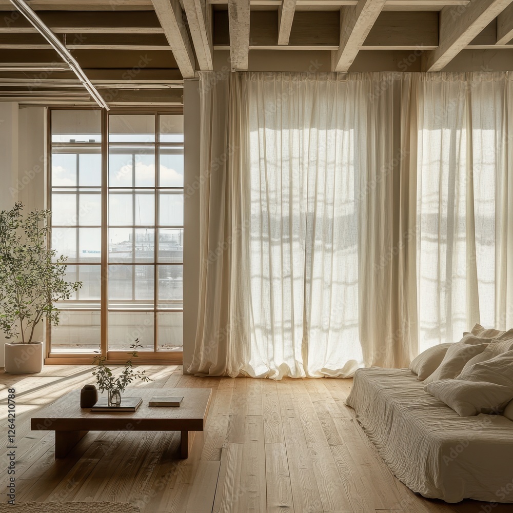 Fototapeta premium Bright and airy living room features natural light and textiles