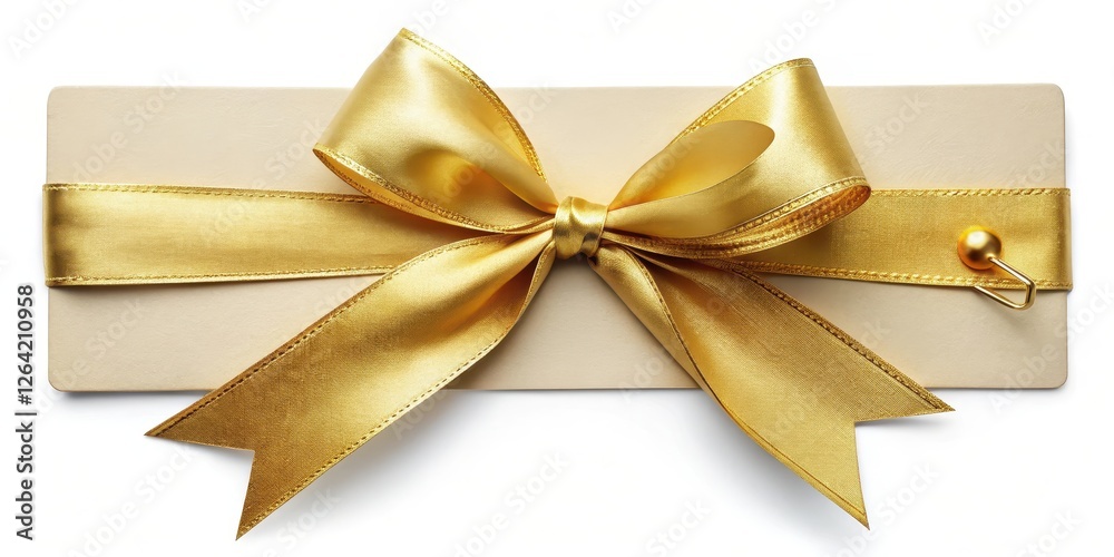 Golden ribbon bow with gold border on a blank gift tag, tied in elegant curve Golden ribbon bow with gold border on a blank gift tag, tied in elegant curve