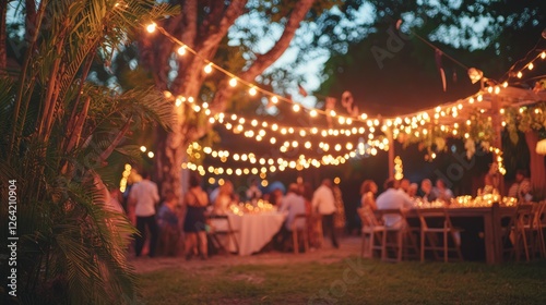 Lively Neighborhood Block Party with Beautiful String Lights