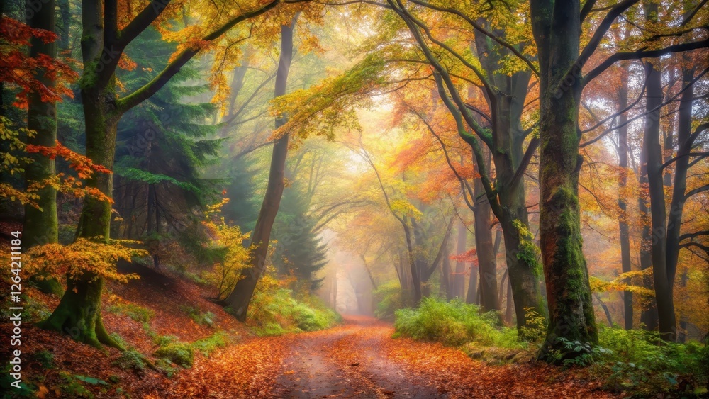 Obraz premium Mysterious woodland path winding through dense autumn foliage shrouded in a mystical misty atmosphere, with towering trees and overgrown vegetation , landscape, autumn