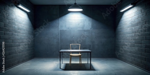 Dark interrogation room with single bright light overhead , detective work