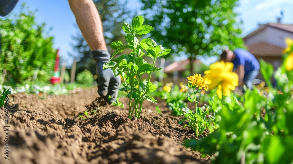 Fototapeta premium Residents Digging and Planting in Vibrant Community Garden