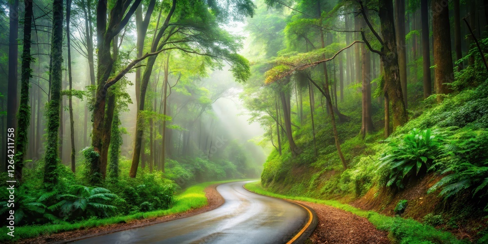 Fototapeta premium A winding forest road with a misty atmosphere and lush greenery surrounding it