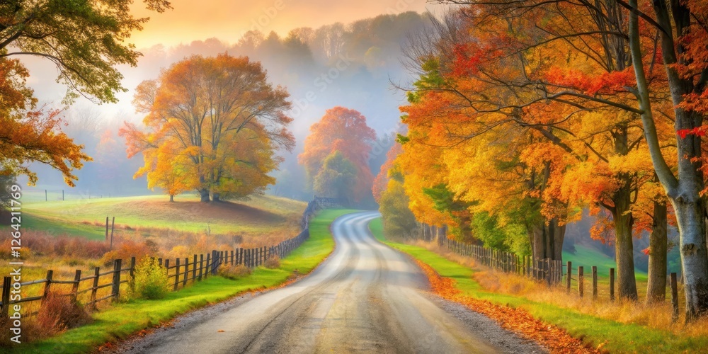 Obraz premium Meandering country road surrounded by misty autumn colors and peaceful ambiance