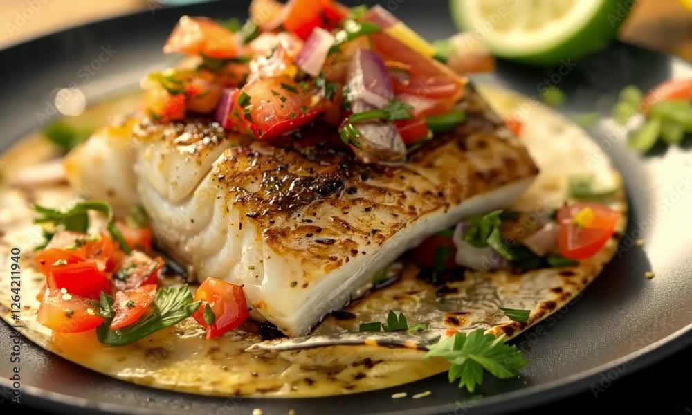 Grilled fish taco with salsa on dark plate Grilled fish taco with salsa on dark plate