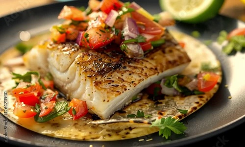 Grilled fish taco with salsa on dark plate
