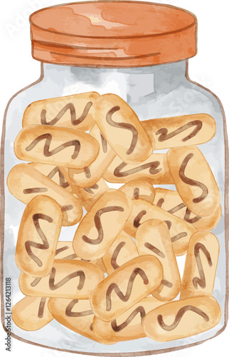 Cat's Tongue Shaped Biscuits in a jar. Watercolor biscuits element for new year celebrations project