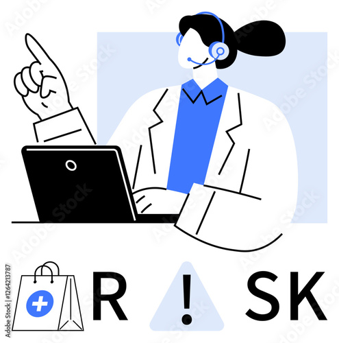 Customer support agent engaged at laptop, pointing upwards. Healthcare shopping bag and Risk symbol below. Ideal for customer service, online shopping, healthcare, risk management, support