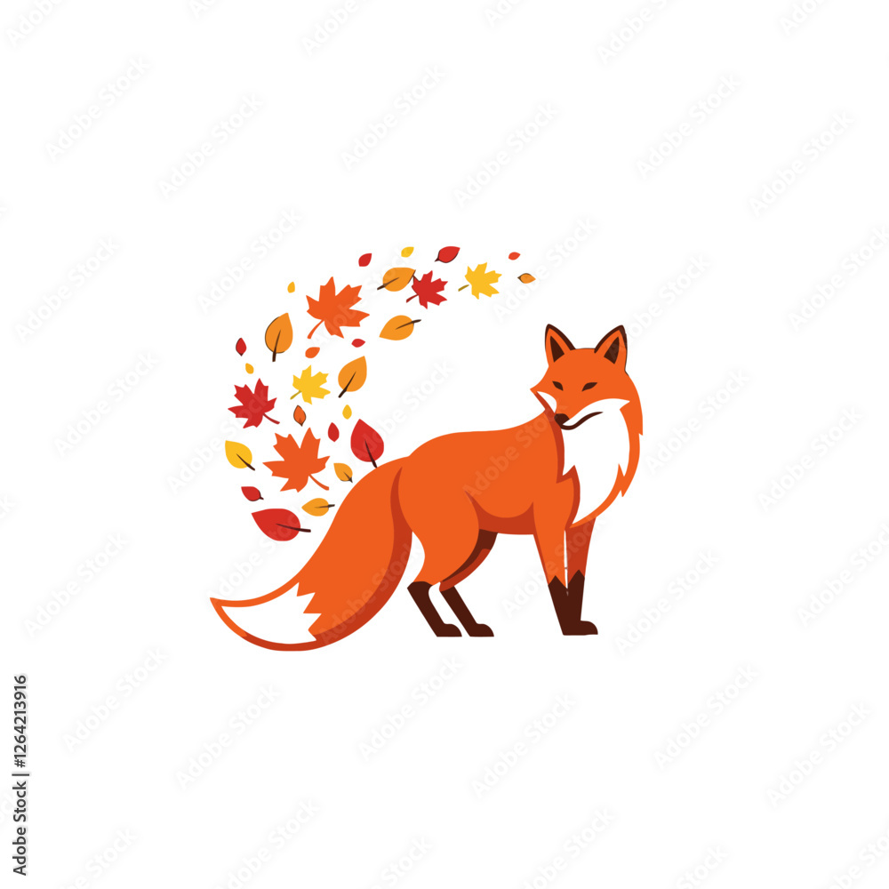 Obraz premium Illustration of a Red Fox Surrounded by Autumn Leaves on White Background