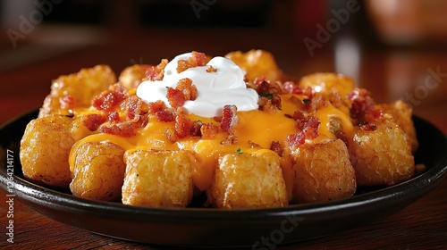 A golden, crispy batch of loaded tater tots topped with cheese, bacon bits, and sour cream 