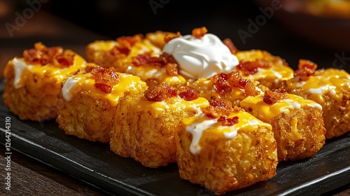 A golden, crispy batch of loaded tater tots topped with cheese, bacon bits, and sour cream 