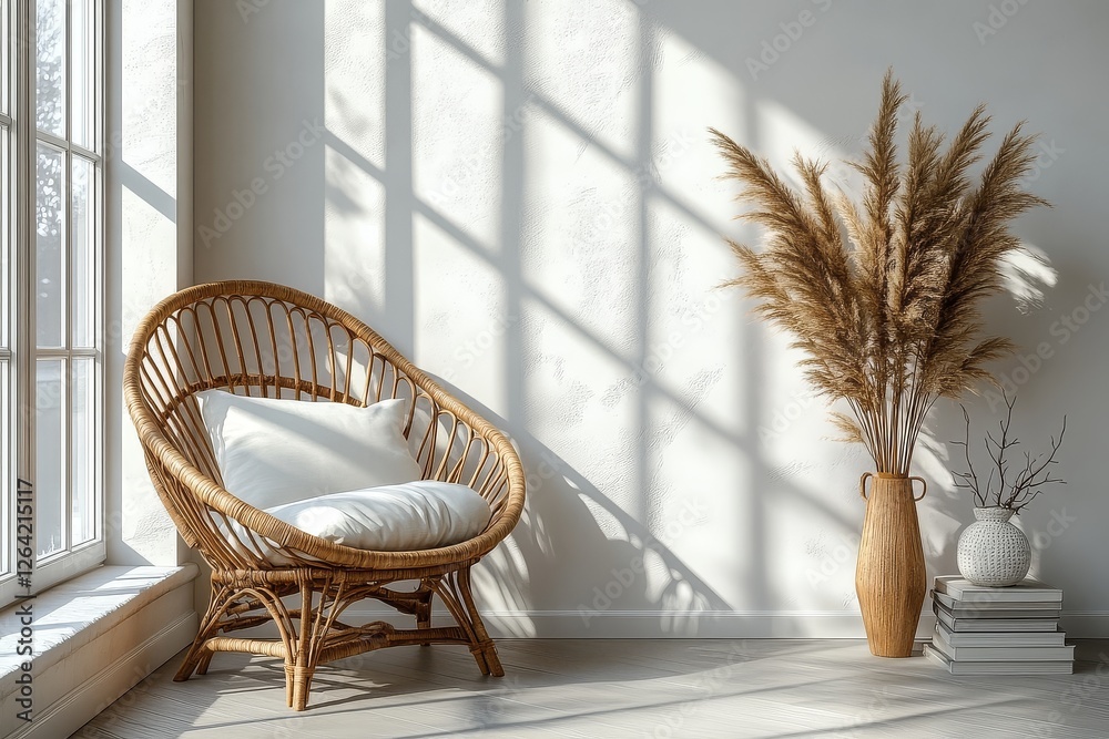 Minimalist Modern Living Room Mockup with Wooden Armchair and Pampas Grass on White Wall Background Minimalist Modern Living Room Mockup with Wooden Armchair and Pampas Grass on White Wall Background