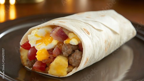A hearty breakfast burrito with scrambled eggs, sausage, cheese, and hashbrowns, wrapped in a soft tortilla
