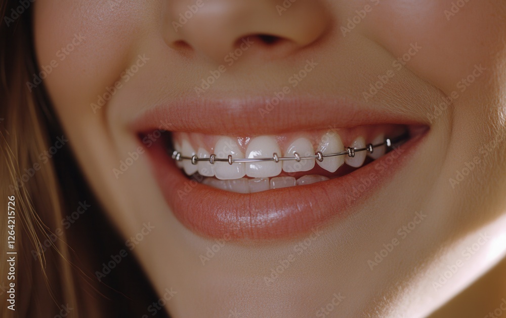 Obraz premium A detailed close-up of a smiling person with braces, showcasing the precision of modern orthodontics. Soft lighting enhances the shine of teeth and metal brackets.