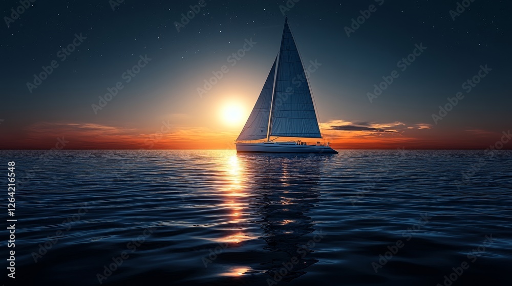 Fototapeta premium Sailboat Gliding on the Ocean at Sunset Serene Nautical Scene and Romantic Seascape under the Night Stars