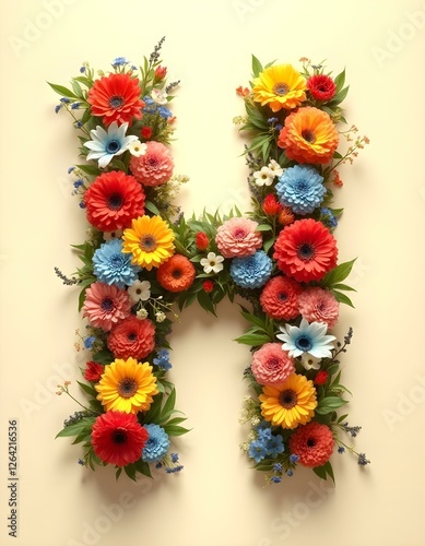 letter,HA, floral, flowers, vibrant, colorful, artistic, elegant, design, organic, natural, red, yellow, pink, blue, white, blooms, green, leaves, accents, beige, background, soft, texture, warm, 