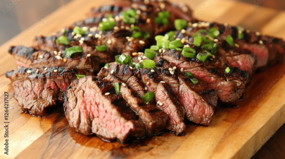 A perfectly grilled Korean-style beef Bulgogi, with thinly sliced marinated beef caramelized to perfection, served with fresh green onions and sesame seeds. A perfectly grilled Korean-style beef Bulgogi, with thinly sliced marinated beef caramelized to perfection, served with fresh green onions and sesame seeds.