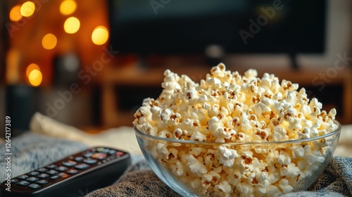 Cozy Movie Night Vibes - Glass Bowl of Popcorn with Remote Control for Home Entertainment