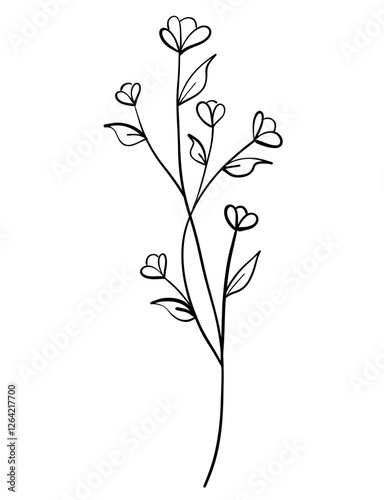 tiny wild flowers and plants line art botanical illustrations. Trendy greenery hand draw lines black ink sketches. vector illustration