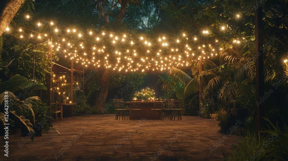 Obraz premium Festive Outdoor Gathering with Strings of Lights in a Cozy Garden