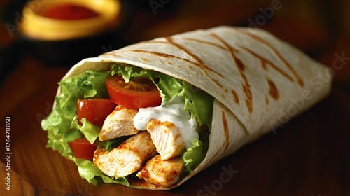 A hot and spicy chicken wrap with seasoned chicken, lettuce, tomatoes, and creamy ranch dressing wrapped in a tortilla