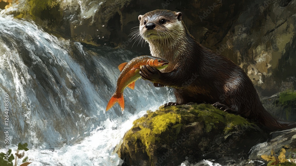 A playful otter standing on a mossy rock near a cascading waterfall, holding a freshly caught fish in its paws with a joyful expression.