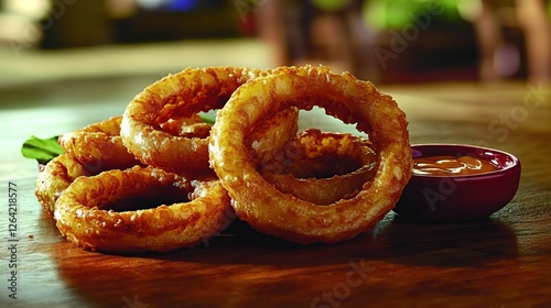 A large order of onion rings, golden and crispy, served with a side of tangy dipping sauce