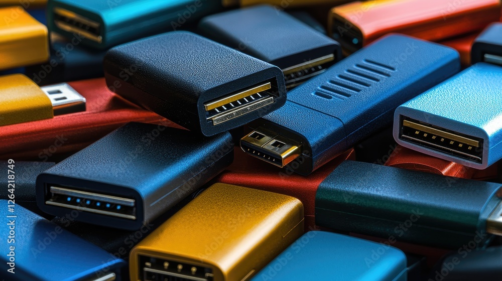 A stack of USB flash drives in varying sizes and colors arranged neatly. Copy space. A stack of USB flash drives in varying sizes and colors arranged neatly. Copy space.
