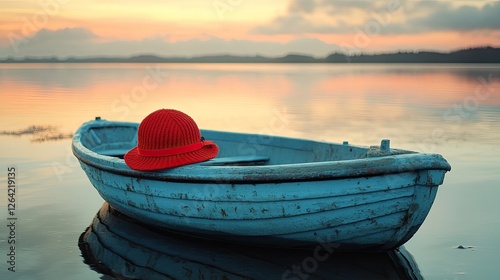 Obraz na płótnie A red hat rests on a blue boat at sunrise, with the soft glow of the morning sun enhancing the tranquil atmosphere w salonie