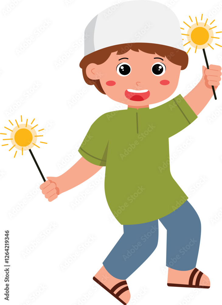 Cheerful Muslim Child Celebrating with Sparklers Cheerful Muslim Child Celebrating with Sparklers
