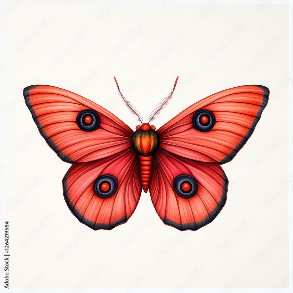 Vibrant Red Butterfly with Distinctive Eye Spots on Its Wings Against a Minimalist Background Vibrant Red Butterfly with Distinctive Eye Spots on Its Wings Against a Minimalist Background