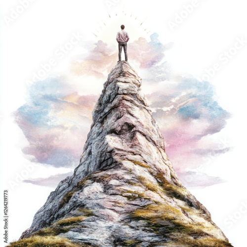 Person Standing on Mountain Peak with Clouds and Sun Rays in Background, Symbolizing Achievement and Inspiration in Nature photo