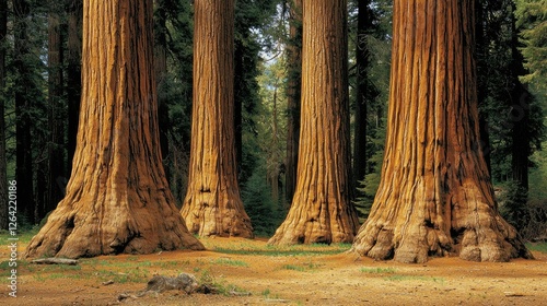 Majestic Sequoia Trees Towering in a Lush Forest with Soft Light Filtering Through Leaves