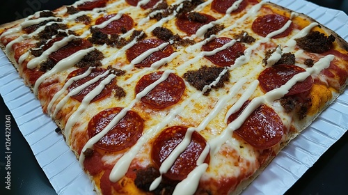 A large pizza with a crispy crust, tangy marinara sauce, mozzarella cheese, and pepperoni slices
