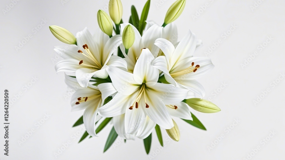 Obraz premium Elegant White Lilies on White: Purity and Serenity, white lilies bouquet, top view