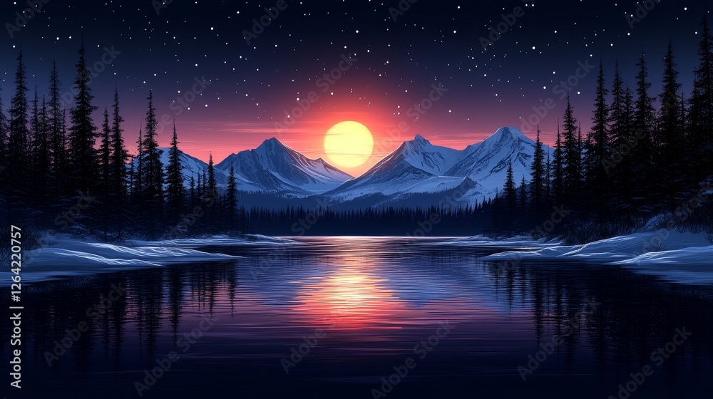 Fototapeta premium Pixelated Twilight Reflecting on Serene Lake Between Majestic Mountains Under the Night Sky Showing Beautiful Scenery