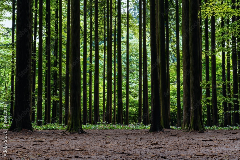 A serene forest scene featuring tall, slender trees surrounded by lush greenery and a soft, earthy ground cover, inviting a sense of peace and tranquility. A serene forest scene featuring tall, slender trees surrounded by lush greenery and a soft, earthy ground cover, inviting a sense of peace and tranquility.