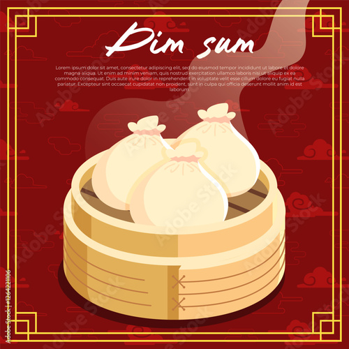 Chicken Dim sum in a bamboo steamer with a red cloud Chinese background vector illustration